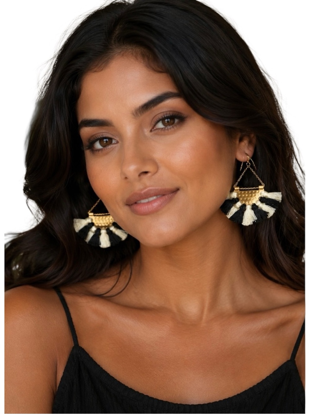 Gold Hammered Fan Earrings w/ Black & Cream Tassels